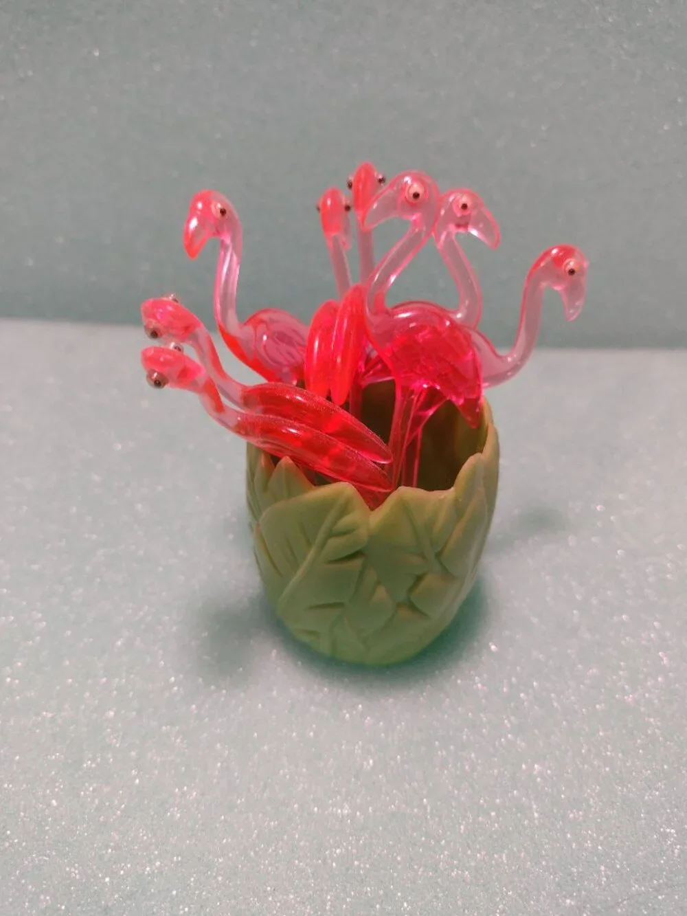Set of 8 Pink Flamingo Crazy Eyes Cocktail Picks with a Green Leaf Holder